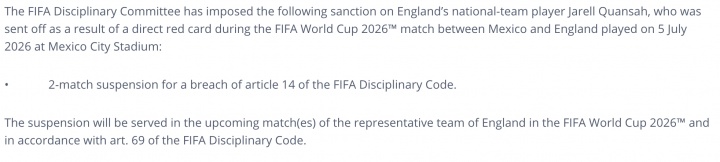 宽萨两场禁赛成定局，英足总上诉无门 FIFA公告未引第27条