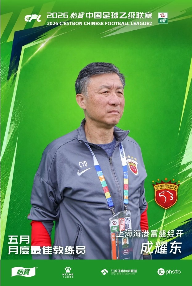 中乙官方：成耀东当选5月最佳教练 率海港富盛经开北区登顶
